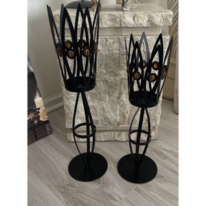 2 PartyLite Abura Pillar Candle Holders 20" and 17" Tall MCM Gothcore Home Decor